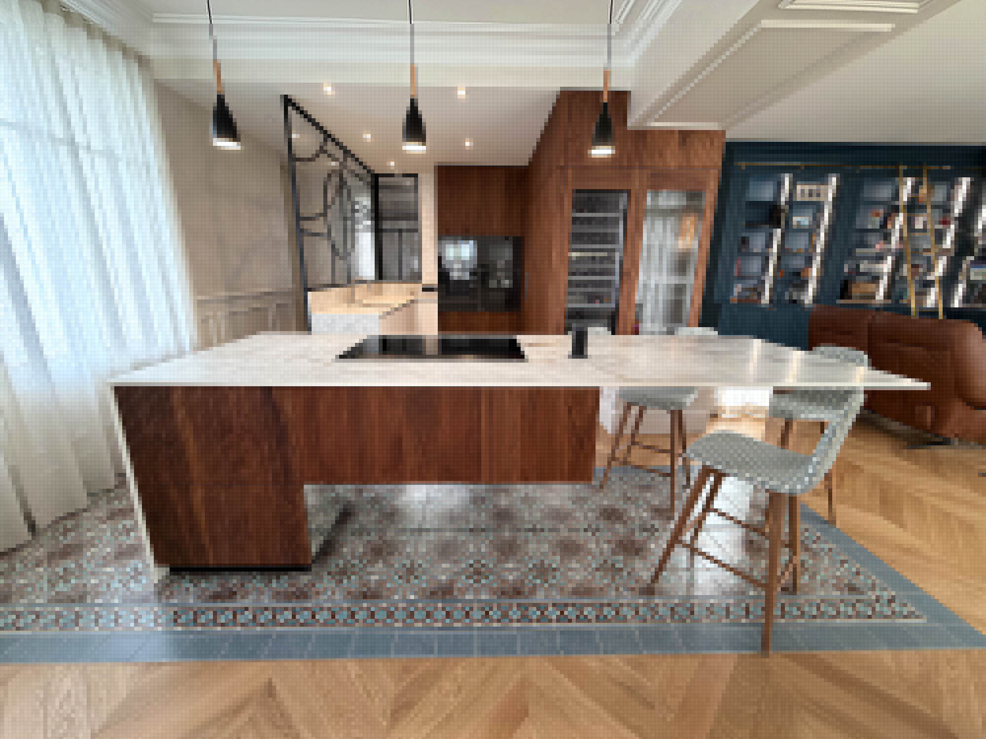 Cuisine ouverte en chêne et céramique blanche avec ilot central et verrière noire