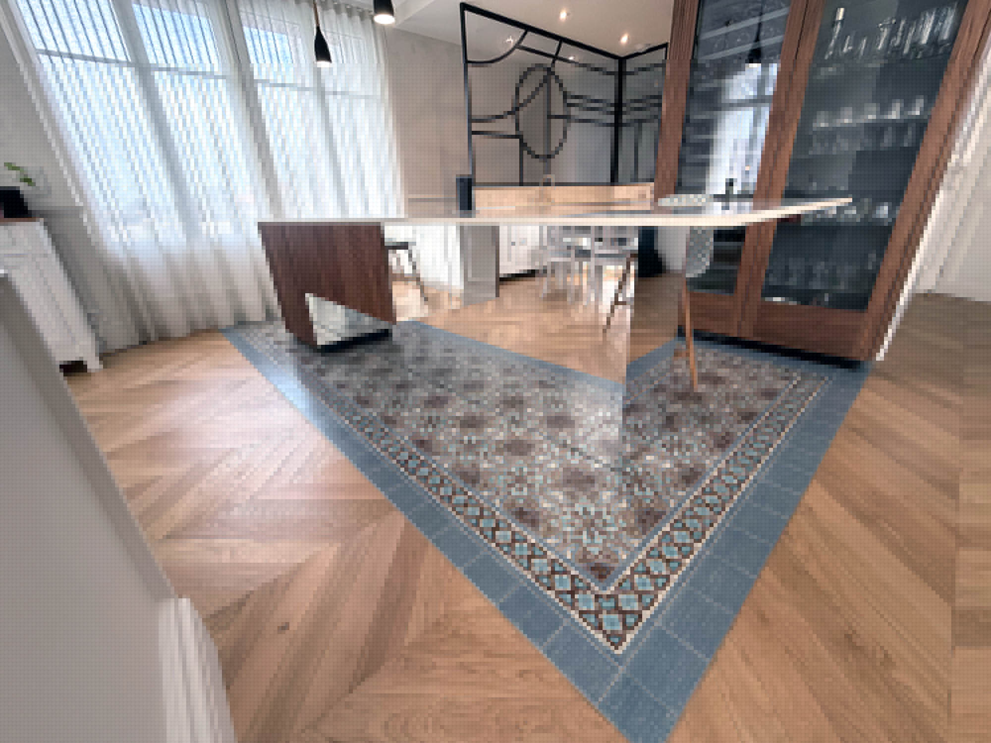 Cuisine avec ilot central qui sur un pied miroir