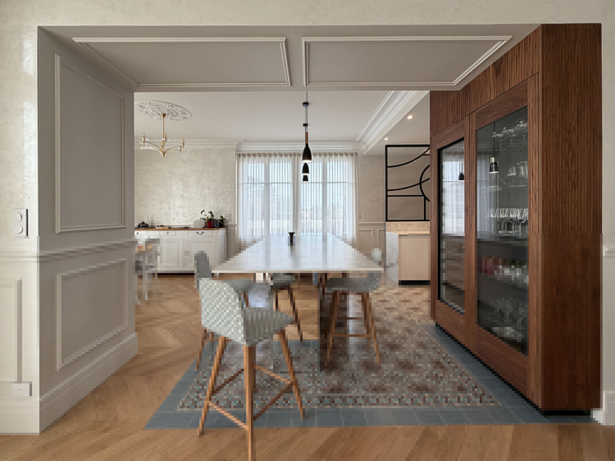 Grande table attenante à l’îlot, en continuité sur sol en parquet