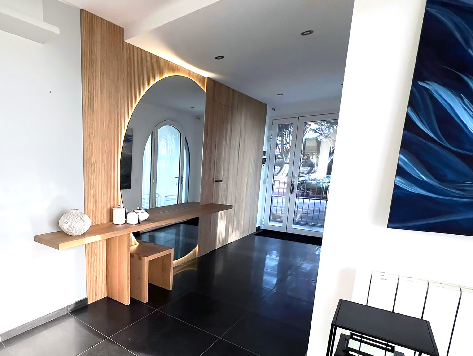 Console d’entrée en chêne avec miroir circulaire